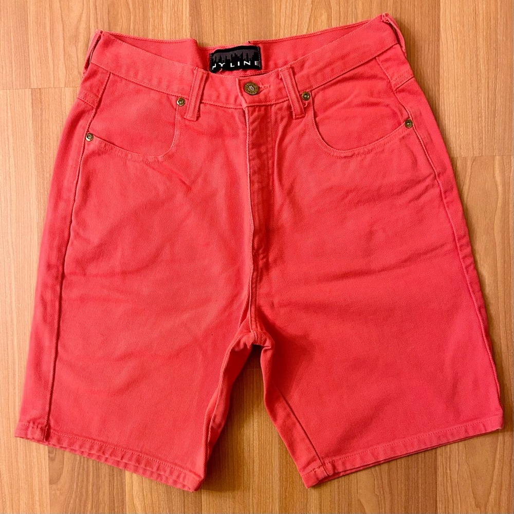 Vintage 90s high-waisted jean shorts in bright coral pink denim
